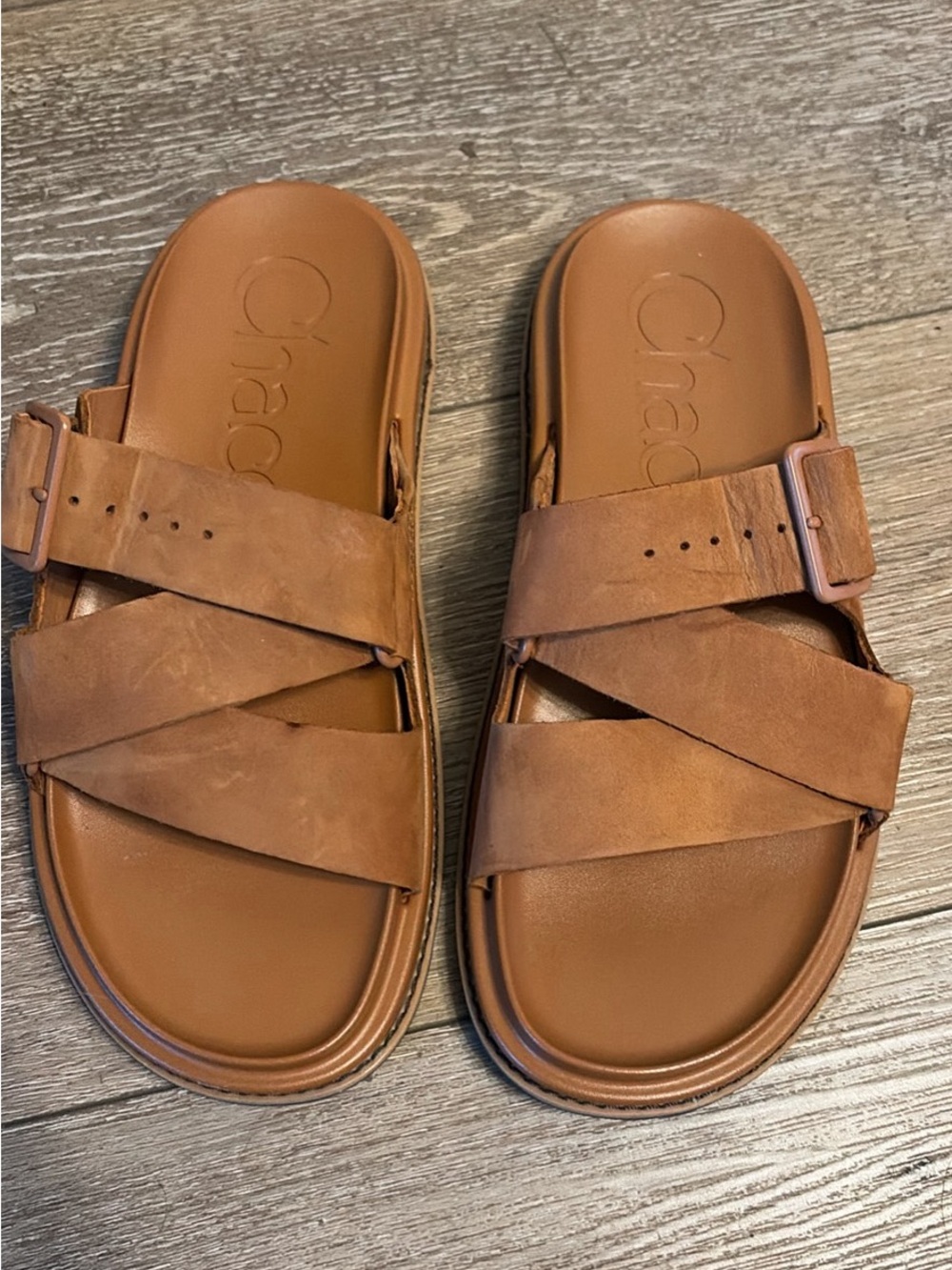 Chaco Women's Brown Leather Cross-Strap Slide Sandals